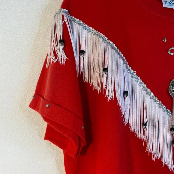 Red Fringe Embellished Short Sleeve Tee 80s - Picture 5 of 5